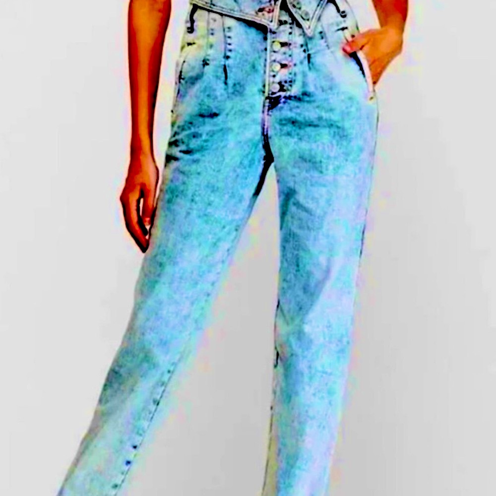 VINTAGE Jeans EXPRESS Boho Retro SUPER HIGH WAIST TAPERED Acid Wash Blue Size 10 - Picture 2 of 11